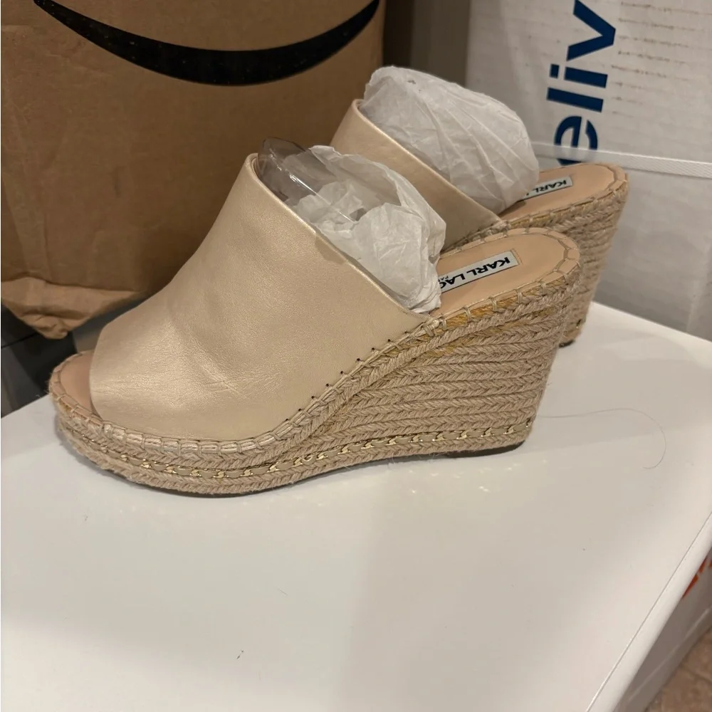 Karl Lagerfeld Metallic Taupe Open-Toe Espadrille Mules